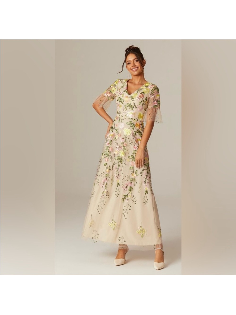 LANTING Embroidered Champagne Floral Tulle Gown Women’s Custom 12 NWT NEW